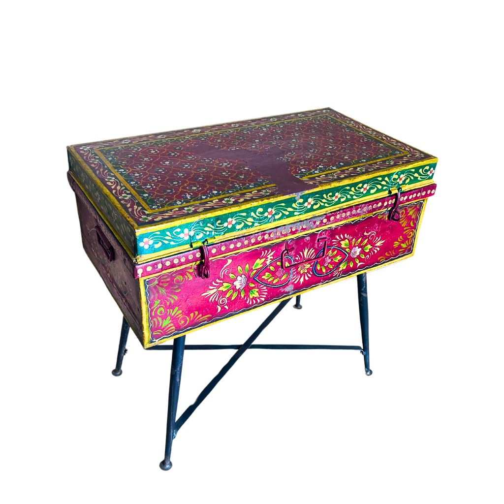 FUR602 Hand Painted Iron Trunk with Metal Legs