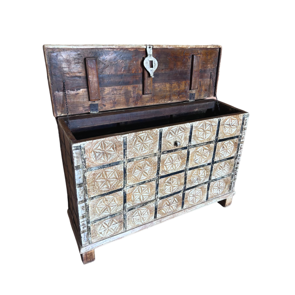 FUR614 Wooden Trunk with Original Iron Work & Carving  (121w38d82h)