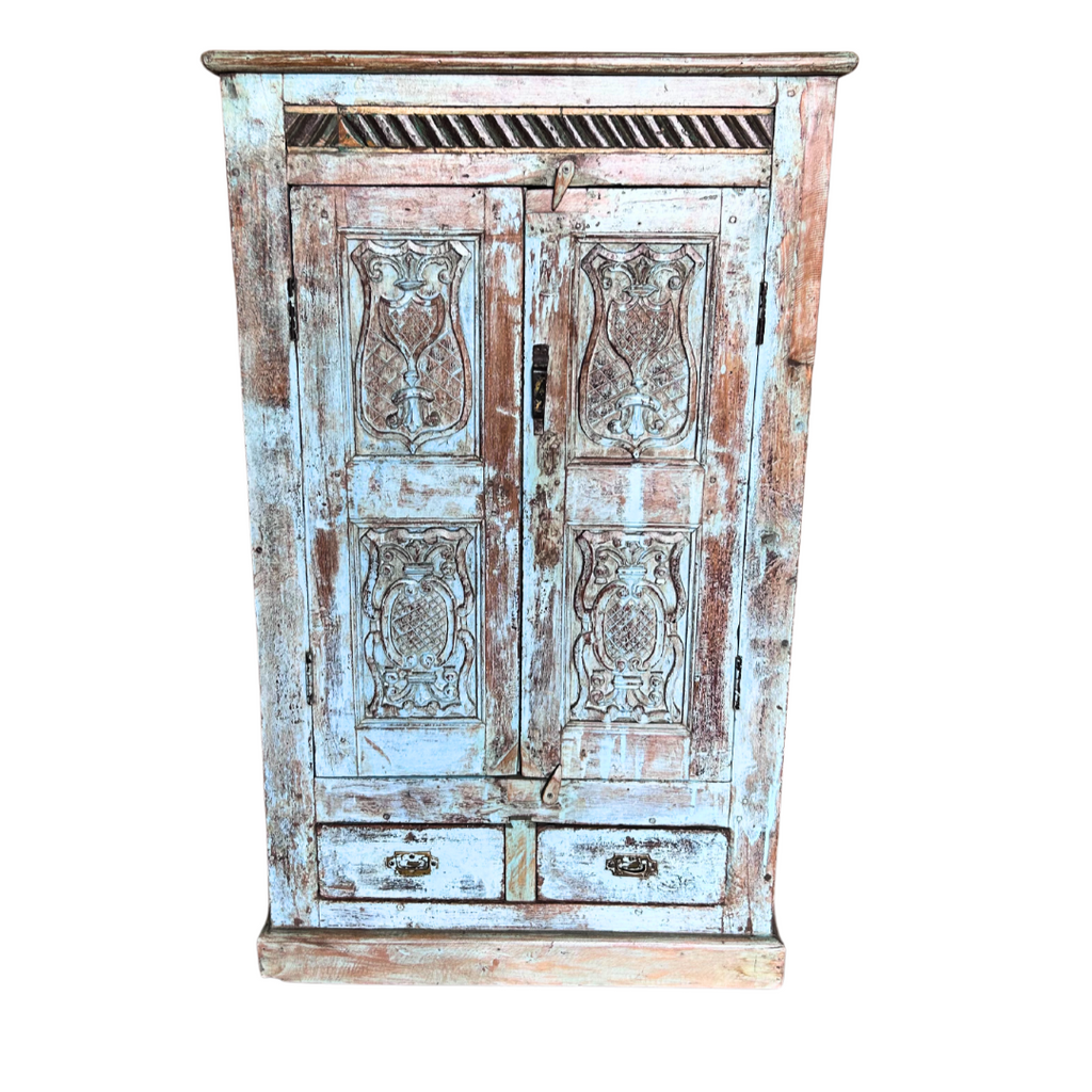 FUR616 Antique 2 door Cupboard, single drawer with Hand Carving  (78w36d130h)