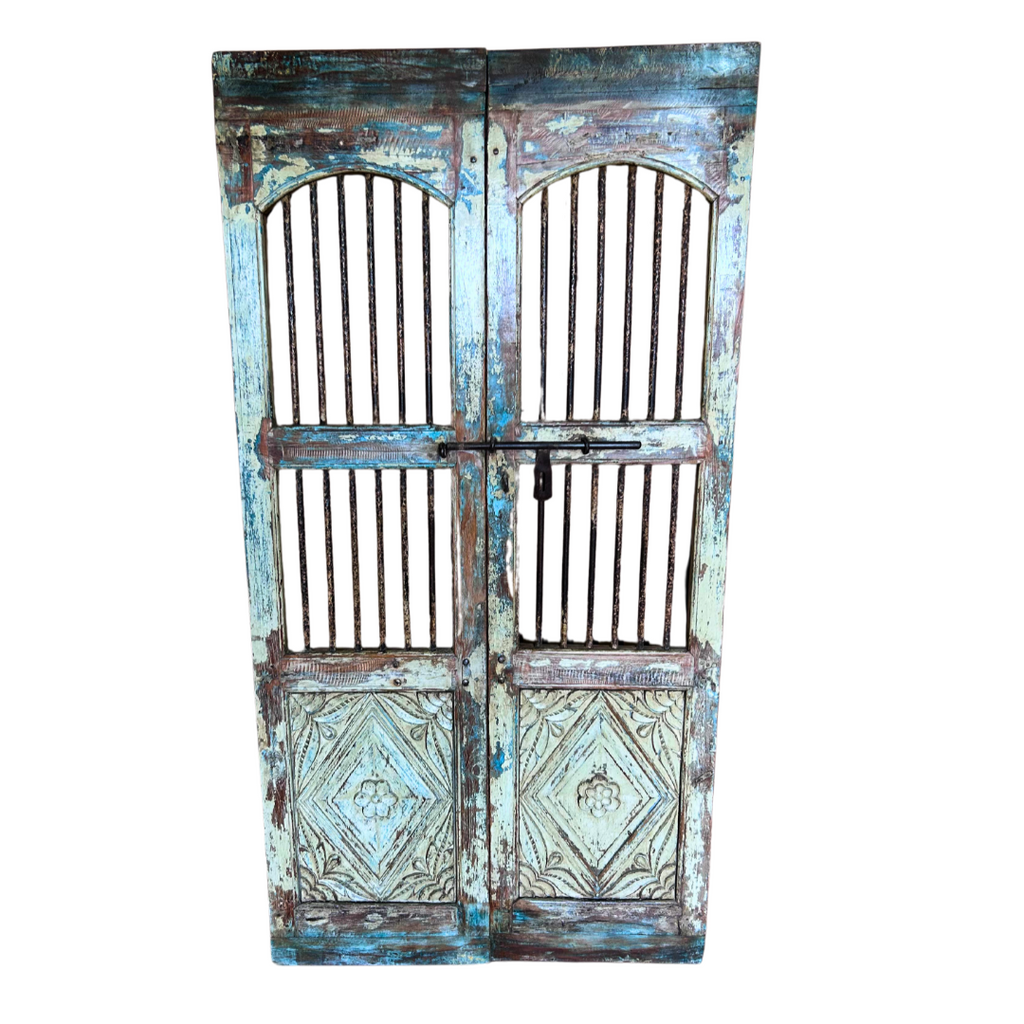 FUR618 Jali Doors with Carved Timber and Wrought Iron  (99w4d191h)