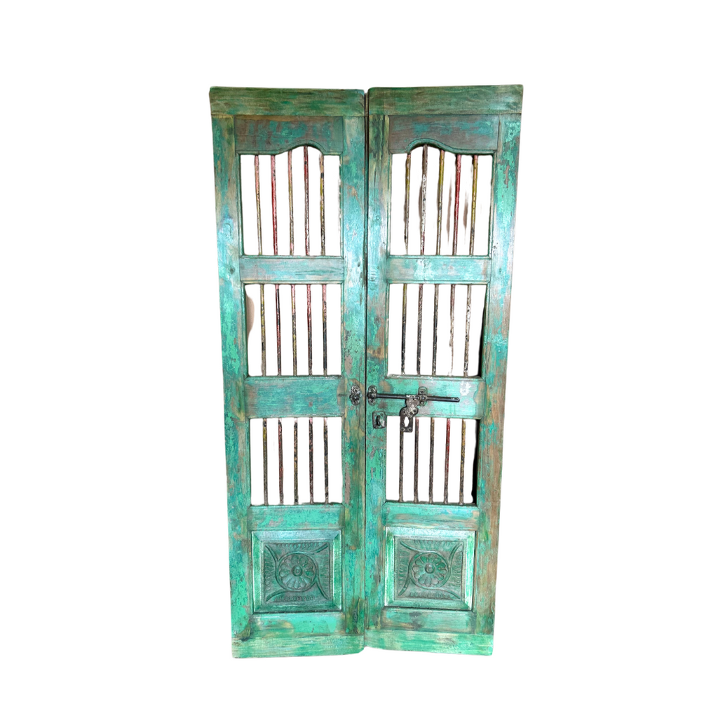 FUR624 Jali Doors with Carved Timber and Wrought Iron  (99w4d191h)