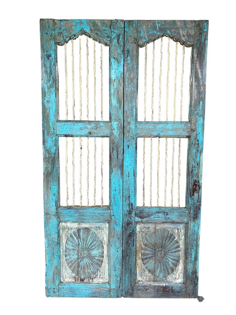 Blue Jali Gates with Timber and Wrought Iron (95x3x164cms) FUR539