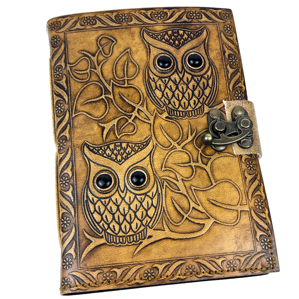 3J091 Twin Owl with Gem Stone Eyes Leather Journal 13x18cms