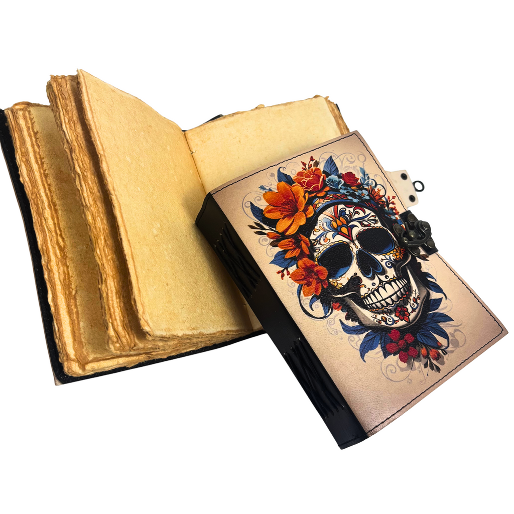 3J097 Skull Printed Leather Journal with Deckle Edge Paper13x18cms 200 pages