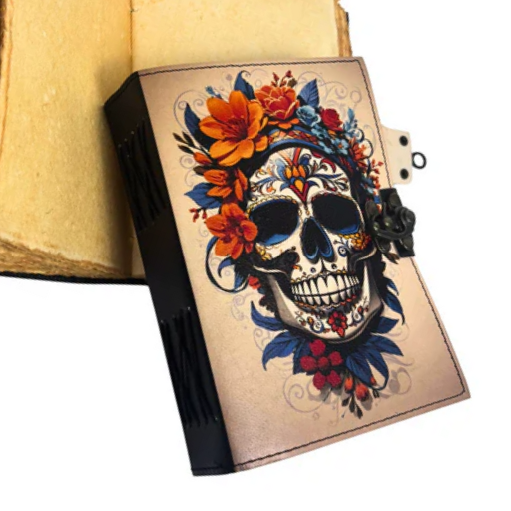 3J097 Skull Printed Leather Journal with Deckle Edge Paper13x18cms 200 pages