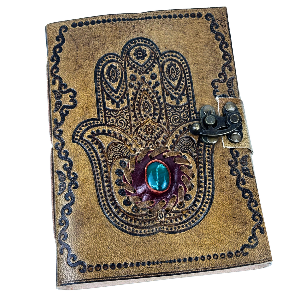 3J094 Hamsa with Stone Leather Journal with Deckle Edge Paper13x18cms 200 pages