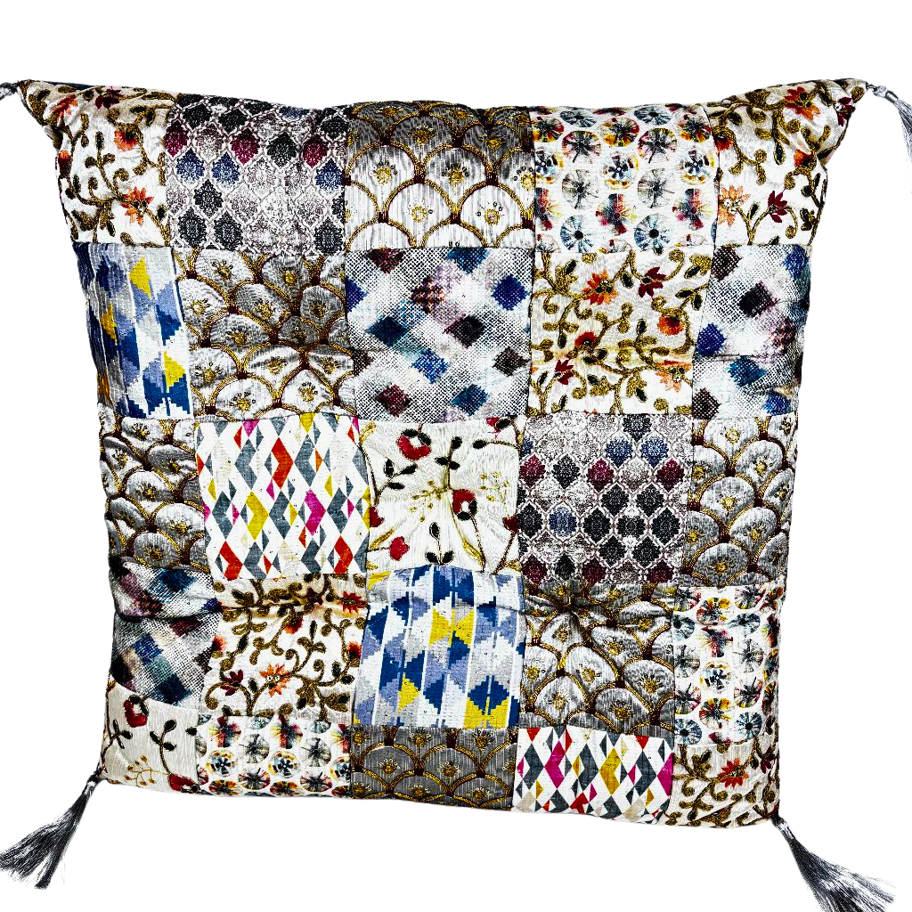 5HW Silk Patchwork Floor Cushion with Tassels 60x60cms HW579