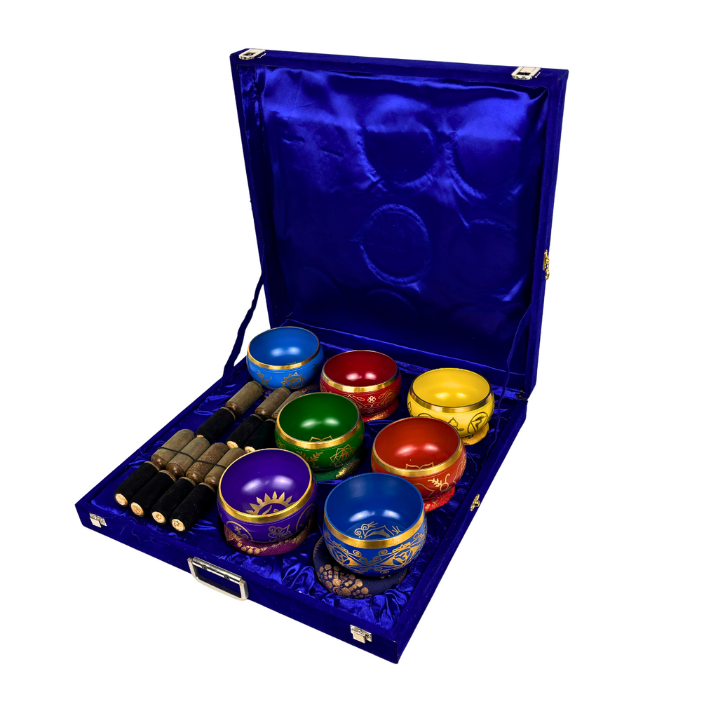 1GW Chakra Singing Bowls set pf 7 in box with cushion and mallet GW590