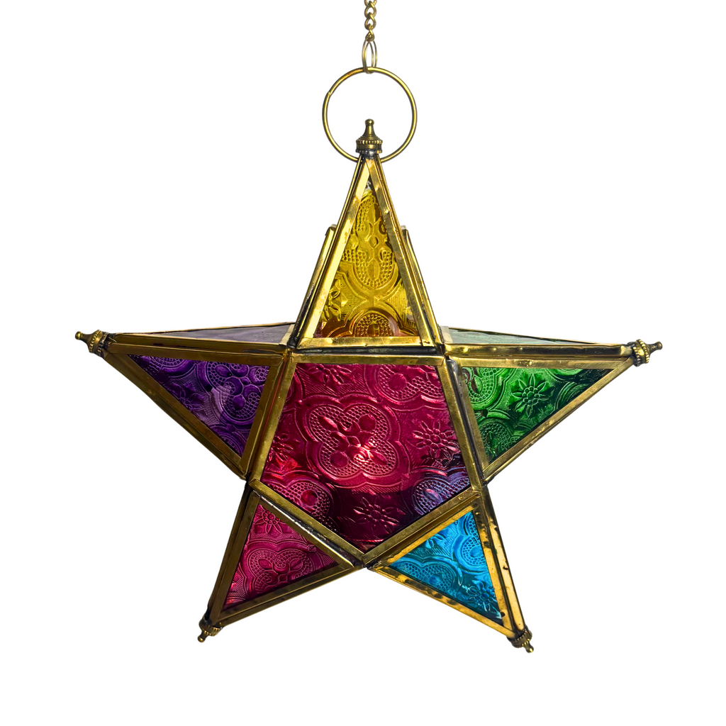 2MB068 Glass Tealight Star Multi Colour Gold Frame 21x21cms