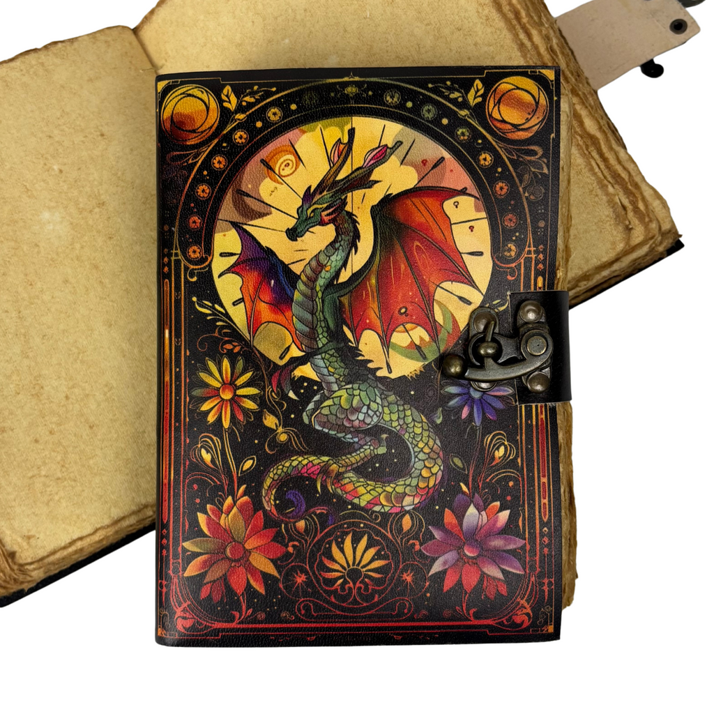 3J105 Dragon Painted Leather Journal with Deckle Edge Paper13x18cms 200 pages