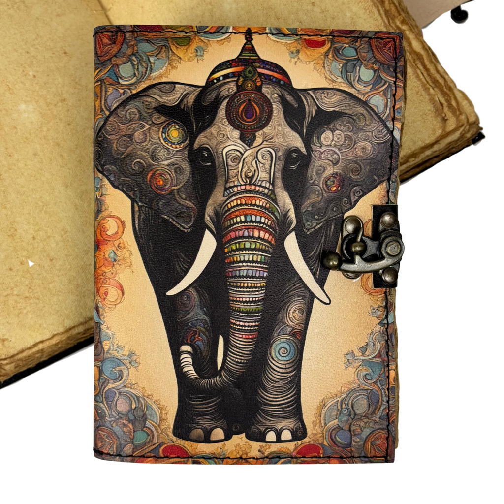 3J104 Elephant Painted Leather Journal with Deckle Edge Paper13x18cms 200 pages