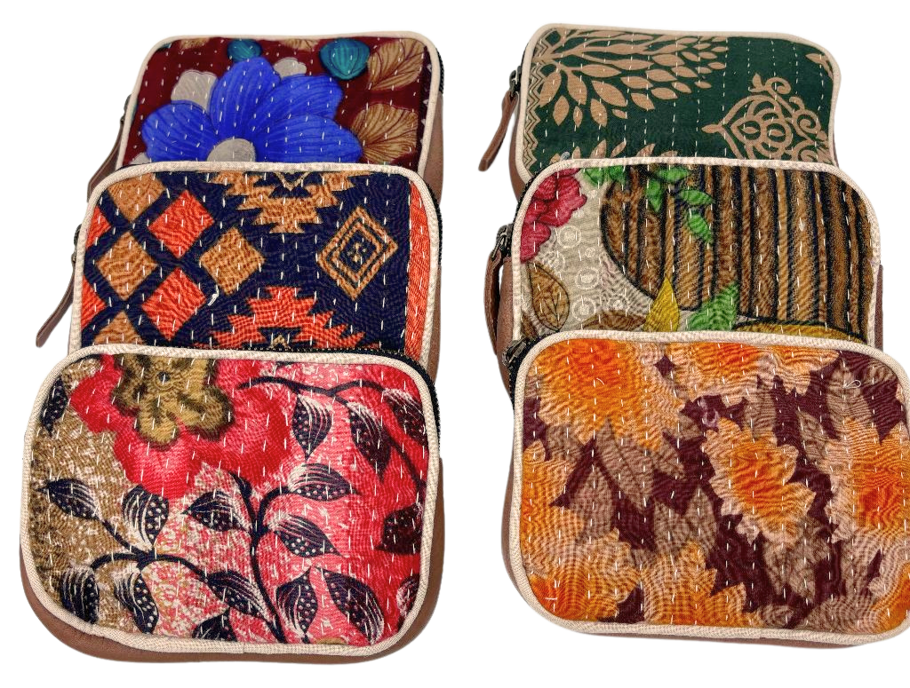 6F003 Vintage Kantha Coin Purse with Leather Back 15x12cms