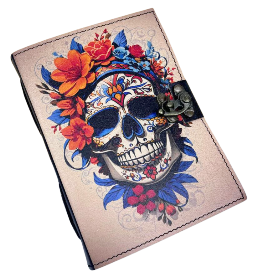 3J097 Skull Printed Leather Journal with Deckle Edge Paper13x18cms 200 pages