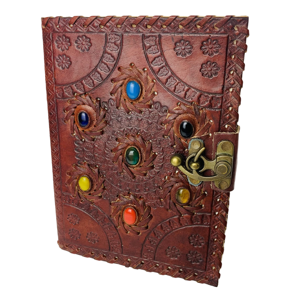 3J085 Leather Journal Chakra Stone Circle 16x21cms